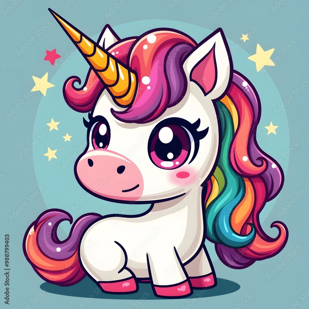Naklejka premium Kawaii Rainbow Unicorn Chibi Vector Illustration
