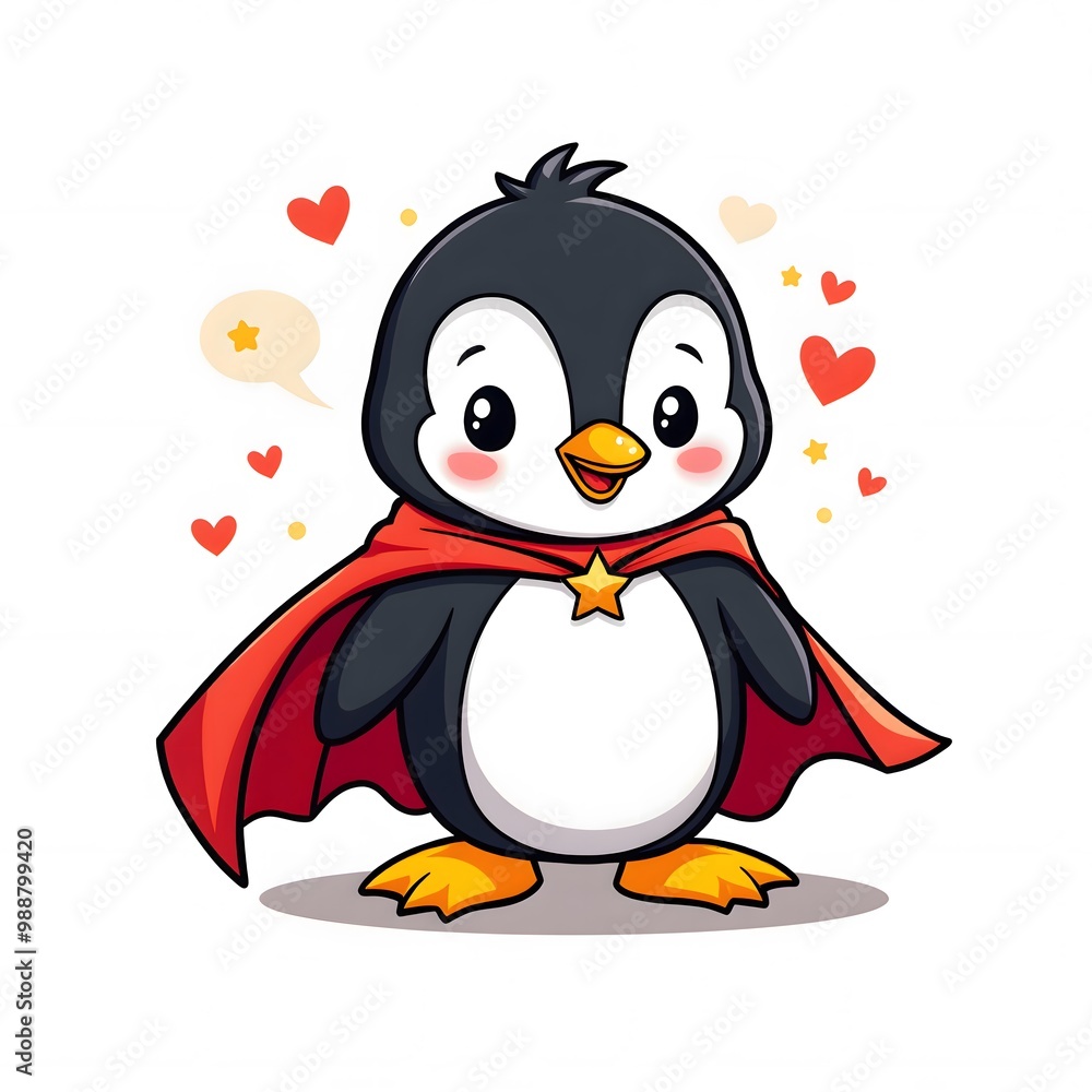 Cute Penguin Superhero with Red Cape Illustration Cute Penguin Superhero with Red Cape Illustration