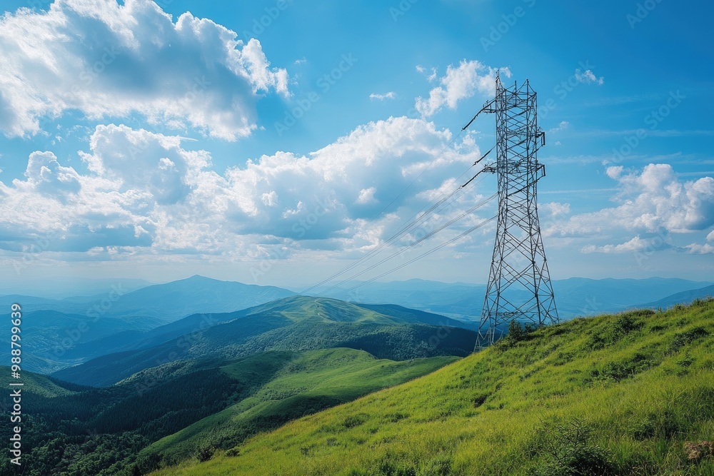 A tall power line tower is on a hillside with a clear blue sky A tall power line tower is on a hillside with a clear blue sky