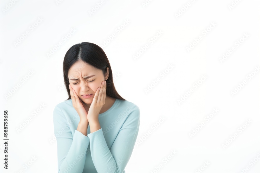 Asian woman is having tooth pain background white white background. Asian woman is having tooth pain background white white background.