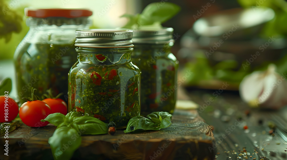 Homemade Green Sauce in Glass Jars with Basil and Tomatoes Homemade Green Sauce in Glass Jars with Basil and Tomatoes