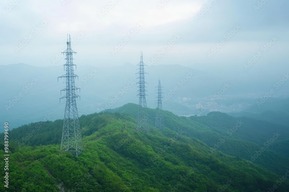 Three tall power lines are on a mountain Three tall power lines are on a mountain
