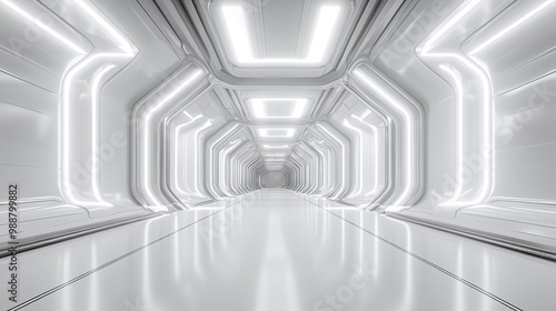 Fototapeta Naklejka Na Ścianę i Meble -  modern 3D interior design with a futuristic white silver background, neon corridor, and empty stage floor, creating a minimalist and abstract space technology environment