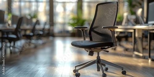 Sleek office chair surrounded by softly blurred workspaces, emphasizing contemporary design and functionality in a professional environment