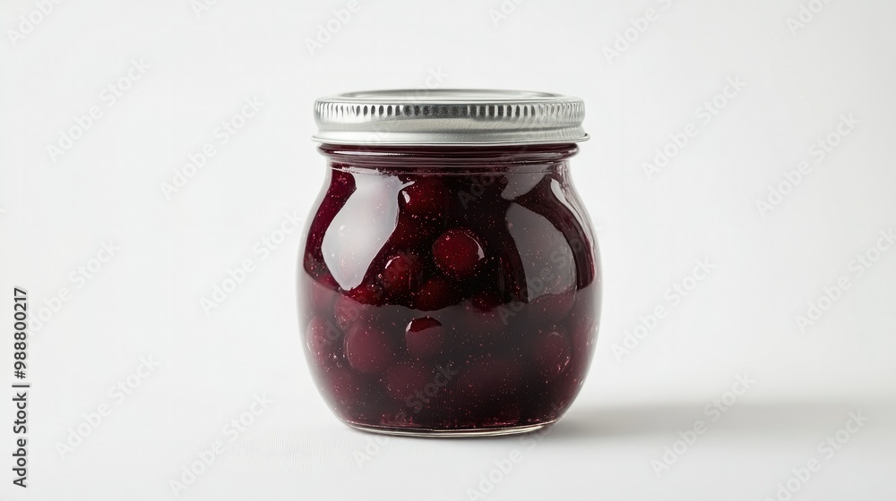 A classic glass jar filled with cherry jam, topped with a secure metal lid, sitting on a clean white background, highlighting gourmet jam packaging. A classic glass jar filled with cherry jam, topped with a secure metal lid, sitting on a clean white background, highlighting gourmet jam packaging.