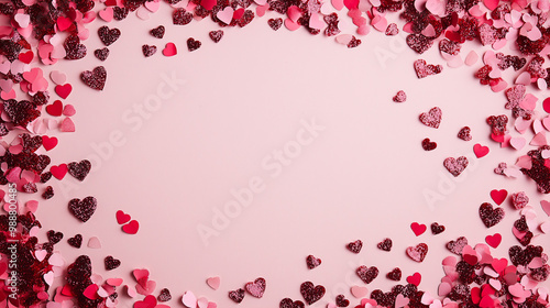 valentineâ€™s day confetti: a romantic frame made from pink and red heart-shaped confetti, arranged around a soft blush background, the sweet colors create a charming border