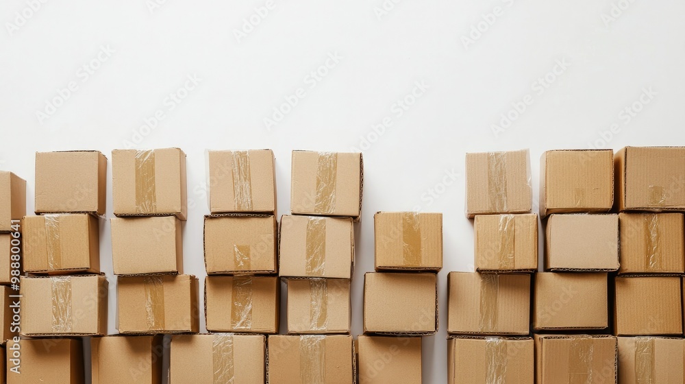 A column of cardboard boxes, each securely taped, arranged on a white backdrop, highlighting bulk shipping and warehouse packaging ideas. A column of cardboard boxes, each securely taped, arranged on a white backdrop, highlighting bulk shipping and warehouse packaging ideas.