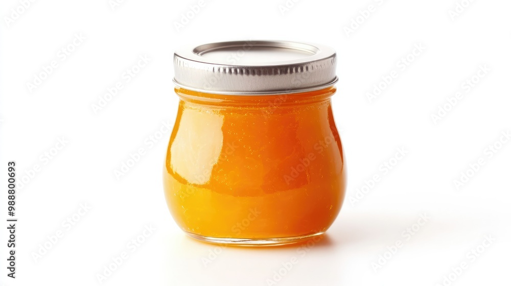 A compact glass jar of orange marmalade, with a glossy metal lid, placed on a white background, showcasing high-end food packaging for gourmet spreads. A compact glass jar of orange marmalade, with a glossy metal lid, placed on a white background, showcasing high-end food packaging for gourmet spreads.