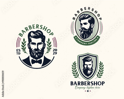 Set bundle vintage barbershop gentleman beard and mustache logo for business company