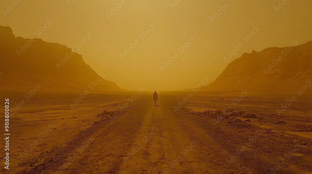 Fototapeta premium A lone traveler walks through a vast, dusty desert landscape.