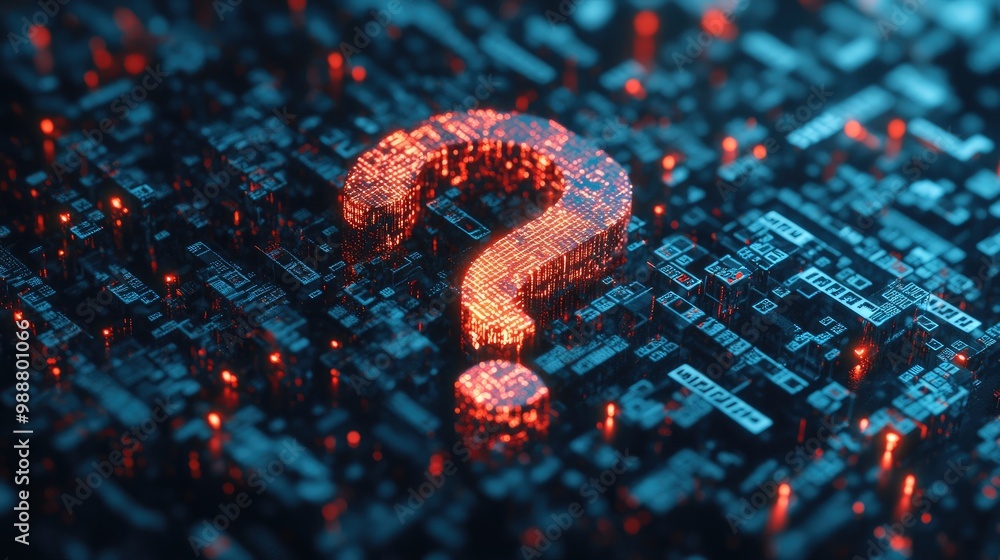 Digital 3D question mark surrounded by binary and algorithms, representing AI and natural language processing. Digital 3D question mark surrounded by binary and algorithms, representing AI and natural language processing.