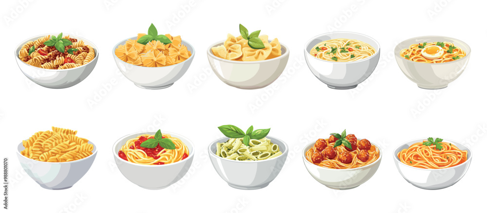 Pasta dish meal in a white bowl set. Side view. Italian delicious macaroni farfalle spaghetti meatballs noodles with egg dumpling bolognese. With pesto tomato sauce. Cartoon style isolated food vector Pasta dish meal in a white bowl set. Side view. Italian delicious macaroni farfalle spaghetti meatballs noodles with egg dumpling bolognese. With pesto tomato sauce. Cartoon style isolated food vector