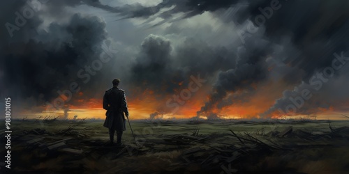 A man stands in a field of fire, looking out into the distance