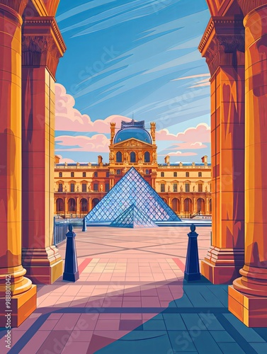Illustration of Louvre Museum from Paris, France Travel Poster in Colorful Flat Digital Art Style
