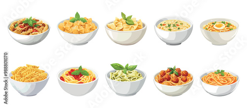Pasta dish meal in a white bowl set. Side view. Italian delicious macaroni farfalle spaghetti meatballs noodles with egg dumpling bolognese. With pesto tomato sauce. Cartoon style isolated food vector
