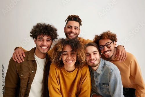 5 freshmen students of different nationalities happy clothing friends. photo