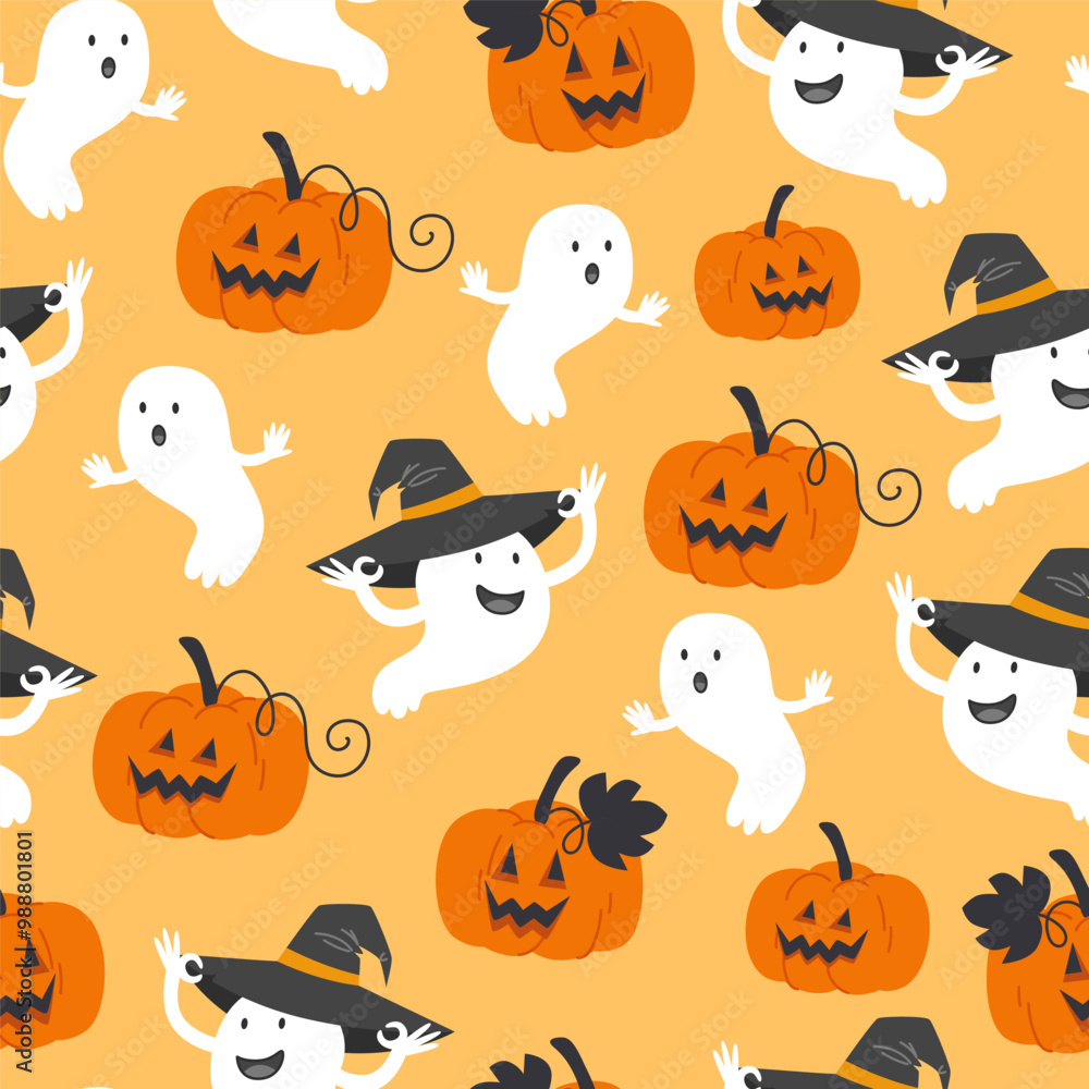 Seamless Halloween Pattern with Pumpkin Lanterns and Ghosts in Witch Hats Seamless Halloween Pattern with Pumpkin Lanterns and Ghosts in Witch Hats