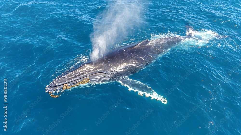 Naklejka premium A majestic humpback whale swimming gracefully in vibrant turquoise waters.