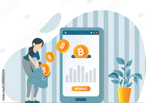Cryptocurrency Mining Concept - Vector Illustration of a Miner Extracting Cryptocurrency Bitcoin with Advanced Technology and Mining Equipment