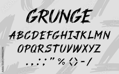 Grunge brush font. Alphabet with brush stroke effect, rock graffiti typeface. Hand drawn street art uppercase letters and punctuation marks vector set