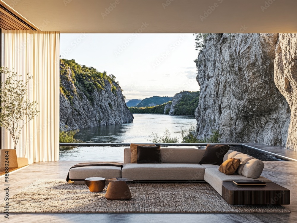 Fototapeta premium A large couch is in a living room with a view of a river. There are two pillows on the couch