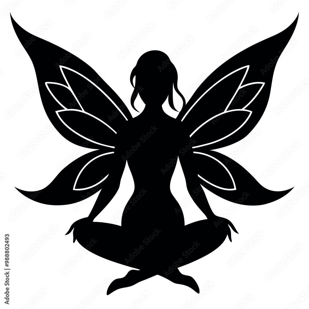 a black silhouette of a fairy sitting on the ground. The fairy is facing away from the viewer a black silhouette of a fairy sitting on the ground. The fairy is facing away from the viewer