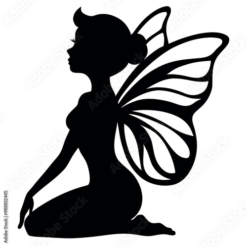 a black silhouette of a fairy sitting on the ground. The fairy is facing away from the viewer