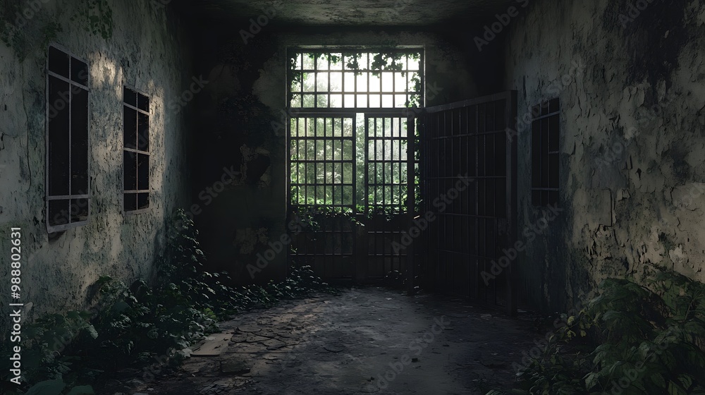 Abandoned Room with Barred Window and Overgrown Floor” Abandoned Room with Barred Window and Overgrown Floor”