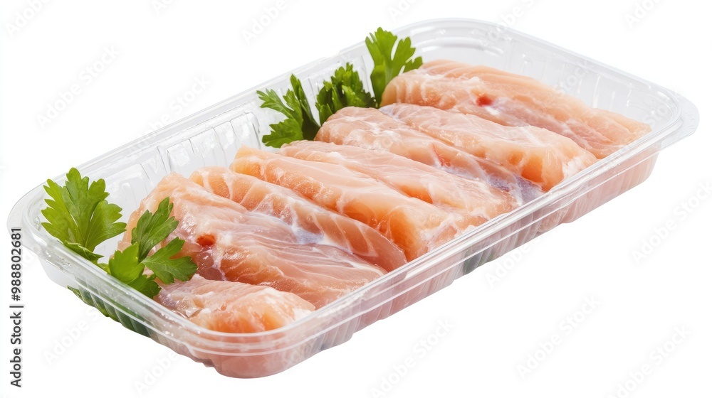A sealed plastic tray containing raw fish fillets, isolated on a white background, showcasing freshness in supermarket food packaging. A sealed plastic tray containing raw fish fillets, isolated on a white background, showcasing freshness in supermarket food packaging.
