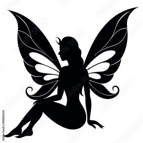 a black silhouette of a fairy sitting on the ground. The fairy is facing away from the viewer