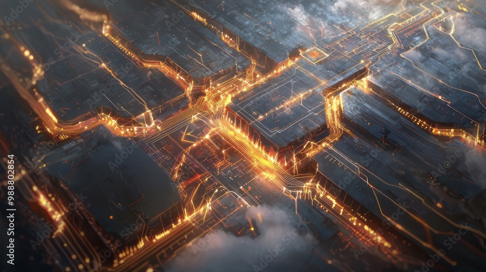 A futuristic cityscape with glowing orange circuitry-like pathways, viewed from above. The dark, high-tech scene evokes an advanced, interconnected network. AI generative. A futuristic cityscape with glowing orange circuitry-like pathways, viewed from above. The dark, high-tech scene evokes an advanced, interconnected network. AI generative.