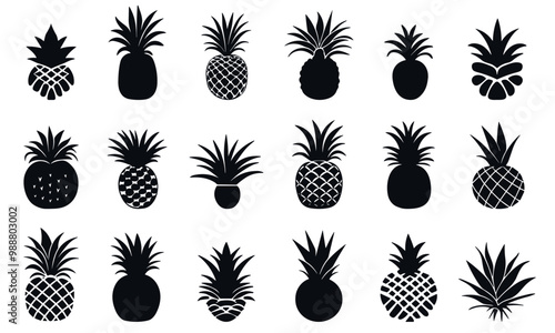 Pineapple black silhouette set. Abstract various shapes and textures of ananas tropical plant. Sweet exotic fruit and leaves. Healthy food branding design element. Simple flat style isolated vector