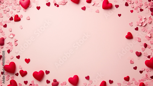 valentineâ€™s day confetti: a romantic frame made from pink and red heart-shaped confetti, arranged around a soft blush background, the sweet colors create a charming border