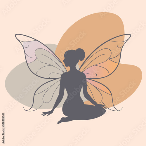 a black silhouette of a fairy. The fairy is in a crouching position, with her body facing towards the left side of the vector art illustration