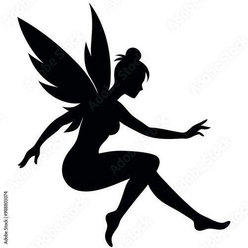 a black silhouette of a fairy. The fairy is in a crouching position, with her body facing towards the left side of the vector art illustration