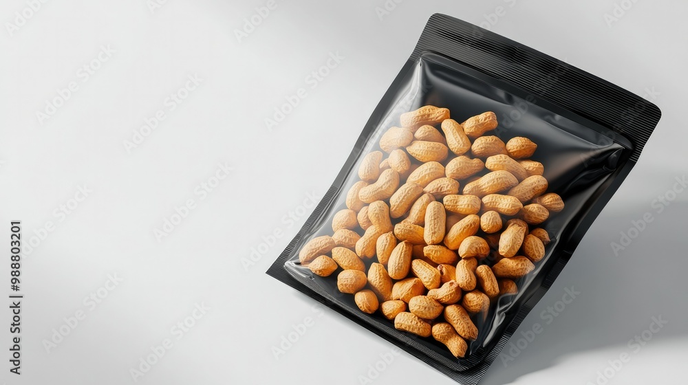 A sleek, resealable pouch of roasted peanuts, boldly labeled, displayed on a white background, showcasing contemporary packaging for healthy snacks. A sleek, resealable pouch of roasted peanuts, boldly labeled, displayed on a white background, showcasing contemporary packaging for healthy snacks.