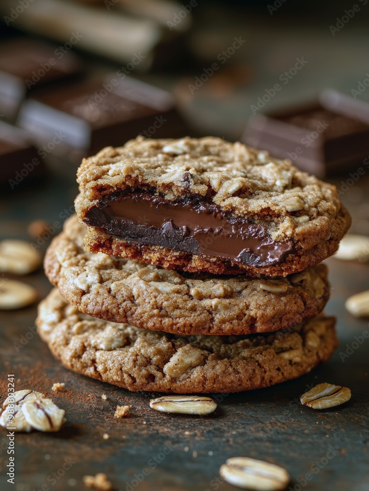 Fototapeta premium oatmeal cookies with chocolate filling. dark background, copy space