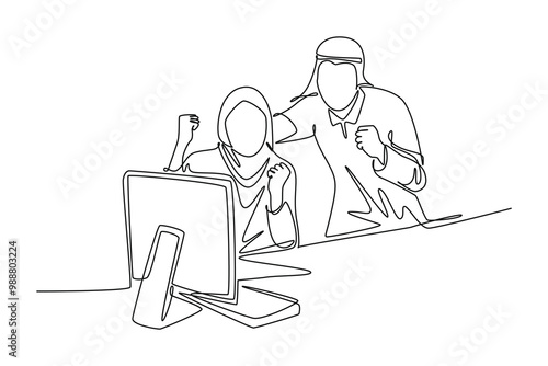 Single one line drawing Moslem male and female marketer celebrate increasing product sales. Happy Arabian business couple raise hand together. Continuous line draw design graphic vector illustration