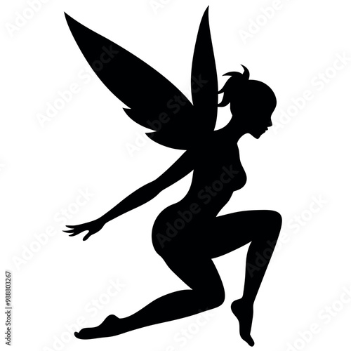 a black silhouette of a fairy. The fairy is in a crouching position, with her body facing towards the left side of the vector art illustration