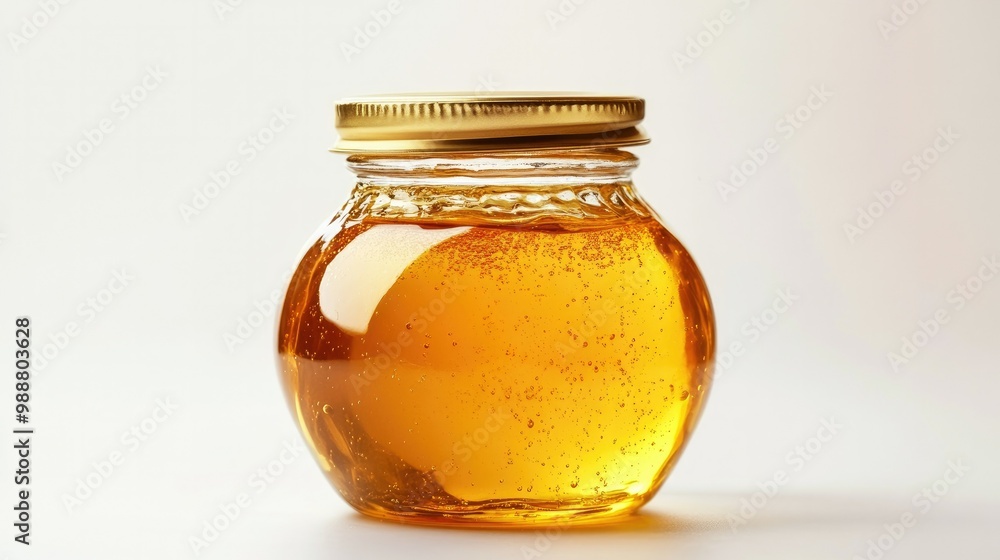 A small, round glass jar filled with apricot jam, tightly closed with a golden metal lid, resting on a white background, ideal for gourmet food packaging design. A small, round glass jar filled with apricot jam, tightly closed with a golden metal lid, resting on a white background, ideal for gourmet food packaging design.
