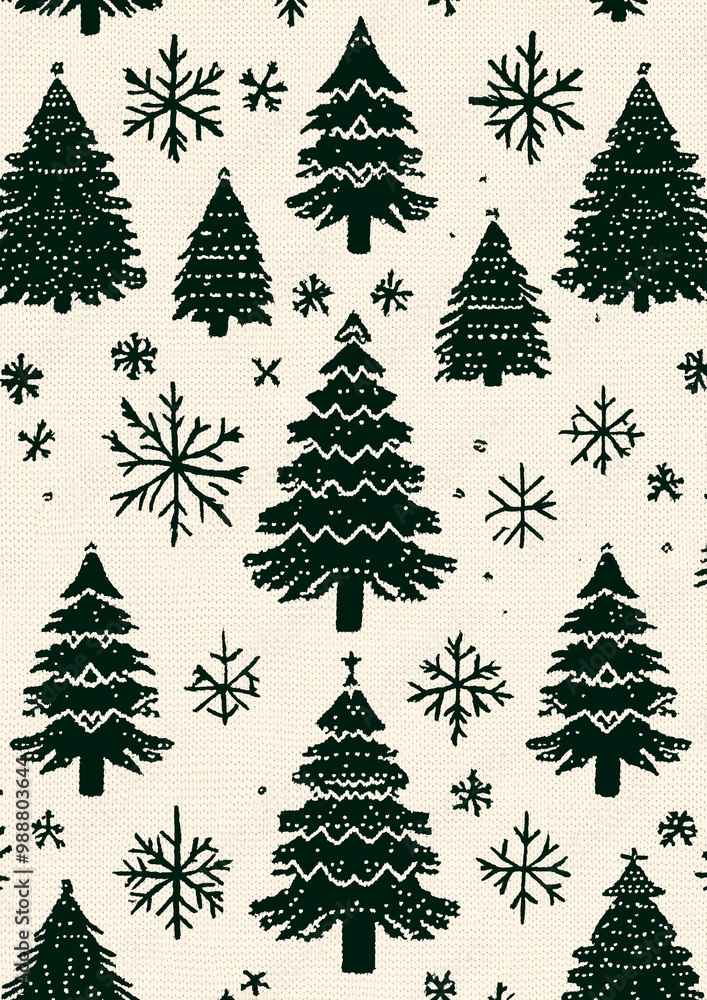 Obraz premium A green Christmas sweater pattern with a white background, featuring a knitted texture and a pattern of Christmas trees and snowflakes.
