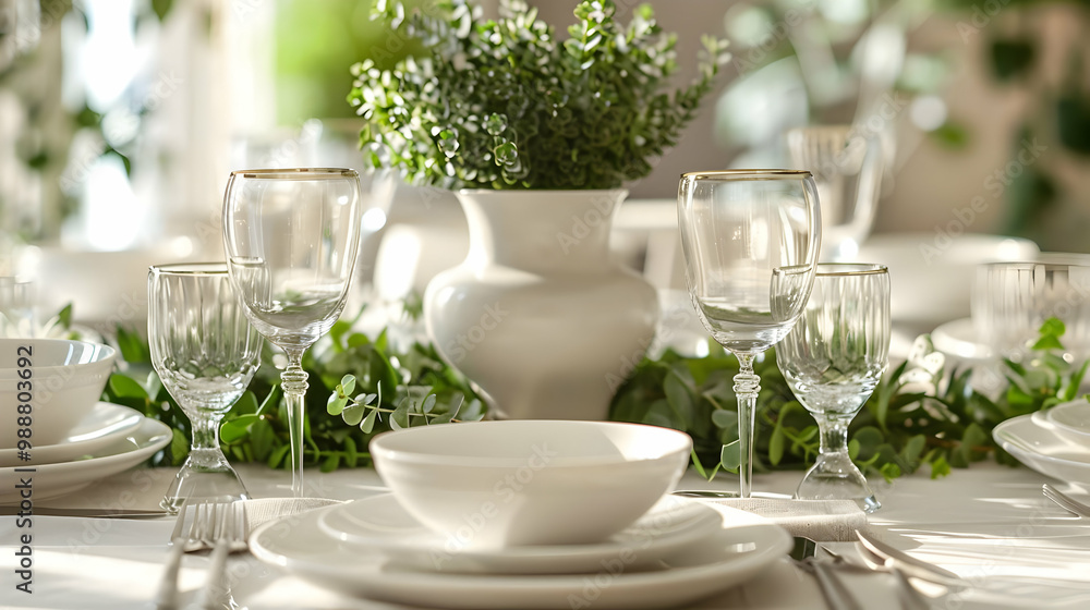 Elegant Table Setting with White Tablecloth and Green Greenery Elegant Table Setting with White Tablecloth and Green Greenery