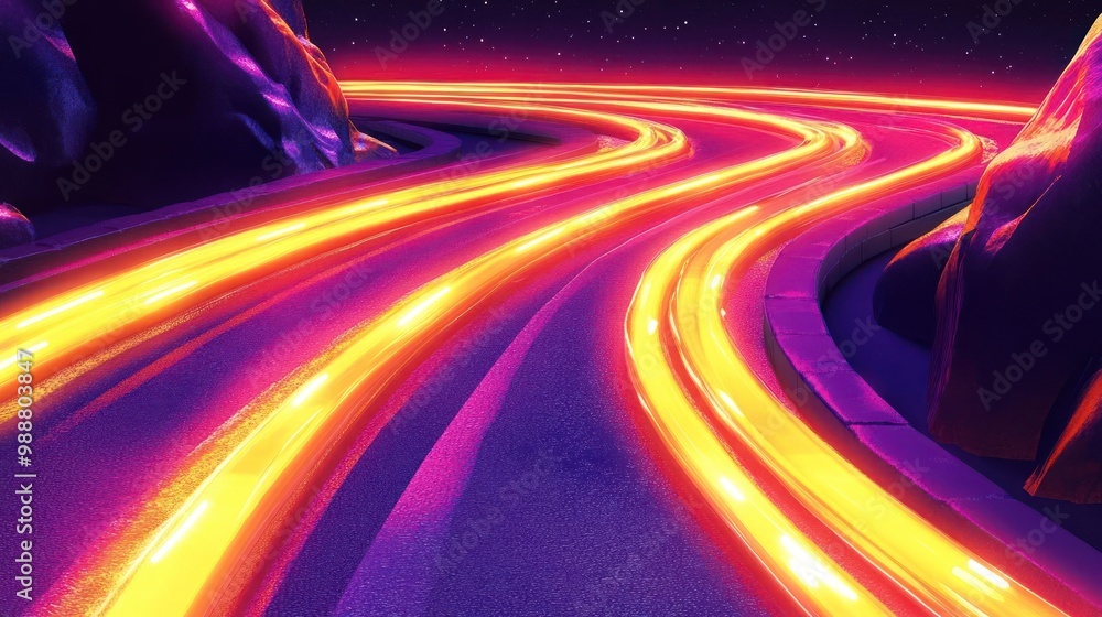 A vibrant, winding road illuminated by glowing lights, set against a cosmic backdrop. A vibrant, winding road illuminated by glowing lights, set against a cosmic backdrop.