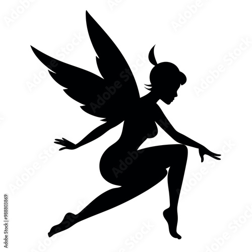a black silhouette of a fairy. The fairy is in a crouching position, with her body facing towards the left side of the vector art illustration