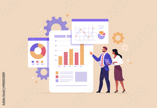 Business Teamwork Concept. Vector illustration in a flat style of two people discussing a project with an analytics dashboards. Isolated on background.