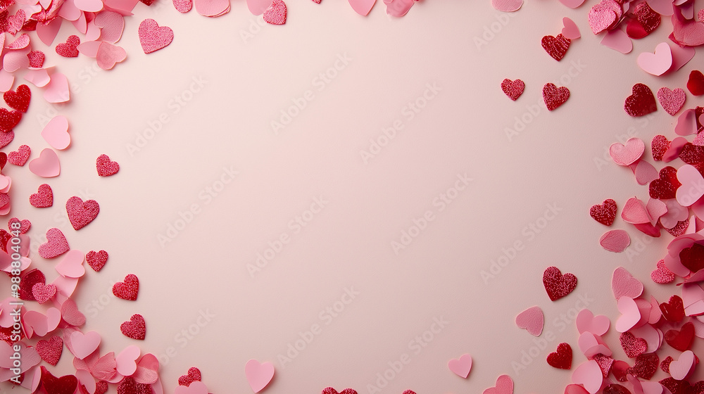 valentine’s day confetti: a romantic frame made from pink and red heart-shaped confetti, arranged around a soft blush background, the sweet colors create a charming border valentine’s day confetti: a romantic frame made from pink and red heart-shaped confetti, arranged around a soft blush background, the sweet colors create a charming border