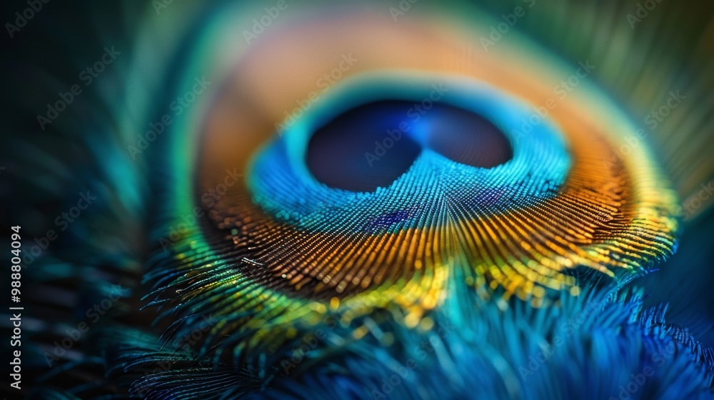 Naklejka premium Close-Up of Vibrant Peacock Feather with Detailed Patterns and Rich Colors in Macro Photography