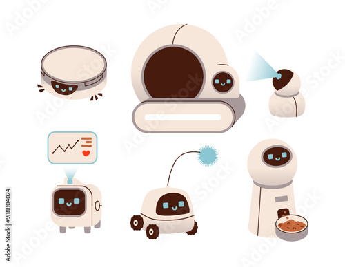 Electronic devices for pet. Interactive toys, pet gadgets, automated feeder and selfcleaning litter box. Flat vector illustration of technology