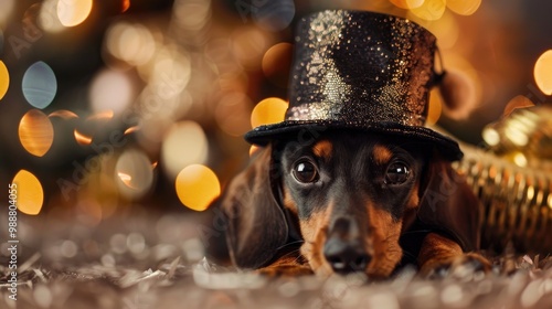 New Year Pet Celebration: Dachshund Puppy in Silk Hat for Happy New Year's Eve