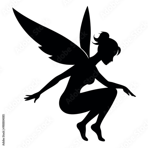 a black silhouette of a fairy. The fairy is in a crouching position, with her body facing towards the left side of the vector art illustration